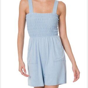 Zenana Romper Blue Smocked Top 2  Pockets Size Small Cotton